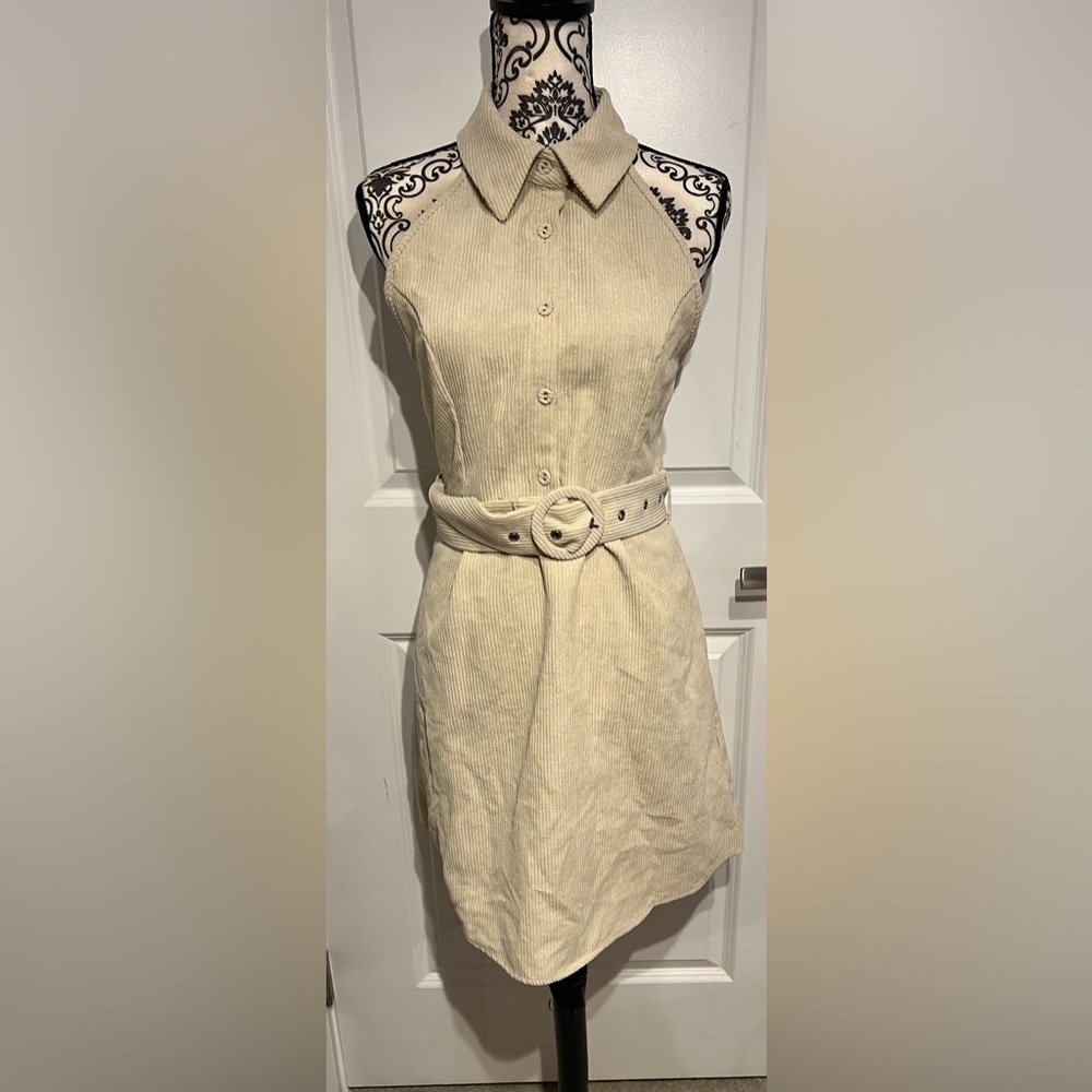 SHEIN Cream Button-Down Dress with Belt